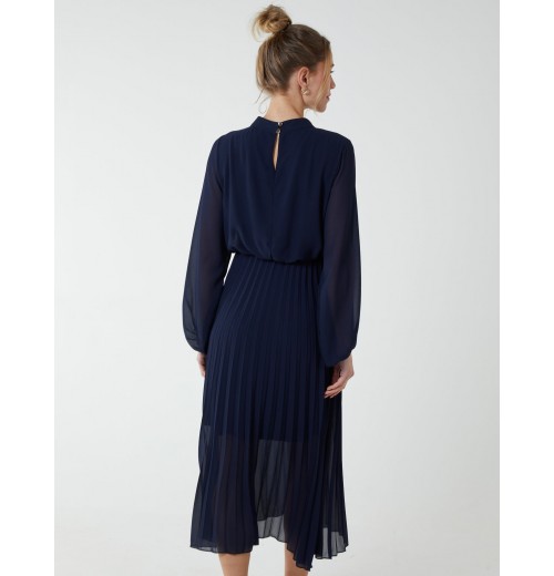 High Neck Pleated Midi Dress