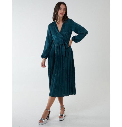 Jacquard Wrap Front Belted Pleated Midi Dress