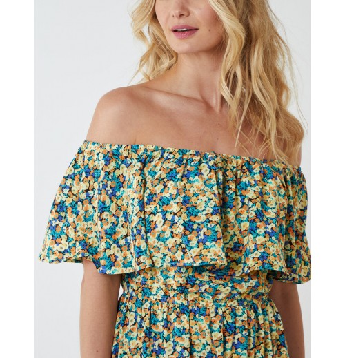 Bardot Ruffle Shoulder Midi Dress