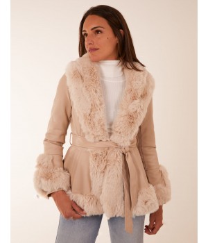 Faux Fur PU Coat With Belt