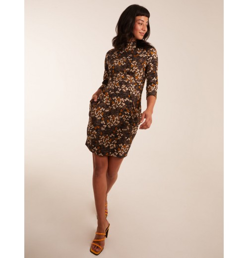 High Neck 3/4 Sleeve Dress With Belt