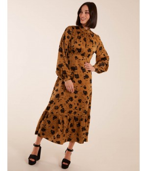 High Neck Midi Dress With Tiered Skirt and Puff Long Sleeve