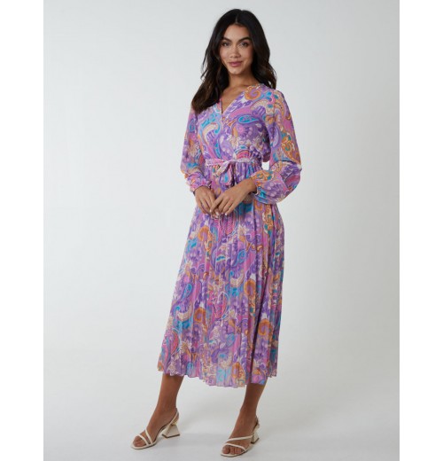 Paisley Wrap Pleated Dress