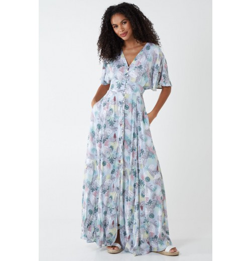 Tropical Leaf Button Through Maxi Dress