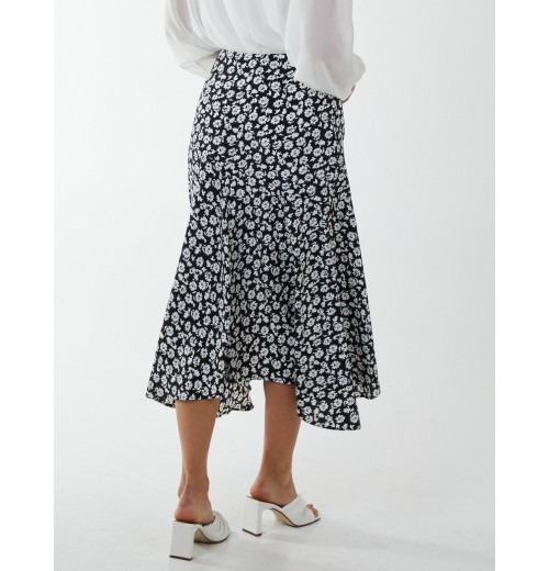 Floral Print Asymmetric Midi Skirt