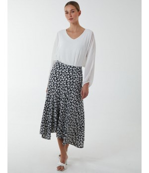 Floral Print Asymmetric Midi Skirt