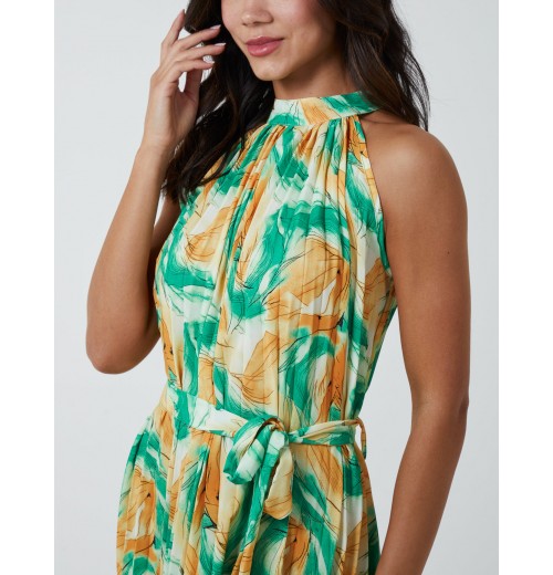 Halterneck Abstract Leaves Maxi Dress