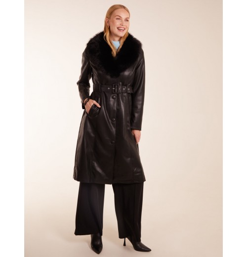 Longline Leather Look Faux Fur Coat