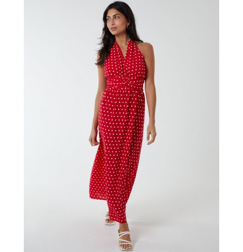 Polka Dot Halter Neck Maxi Dress